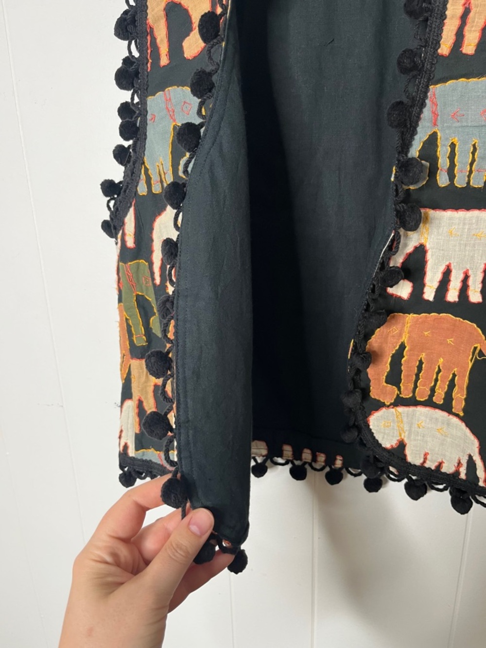 Soho Compagnie Embroidered Applique Elephant Pom-Pom Vest - Multicolor on Black - Picture 3 of 4